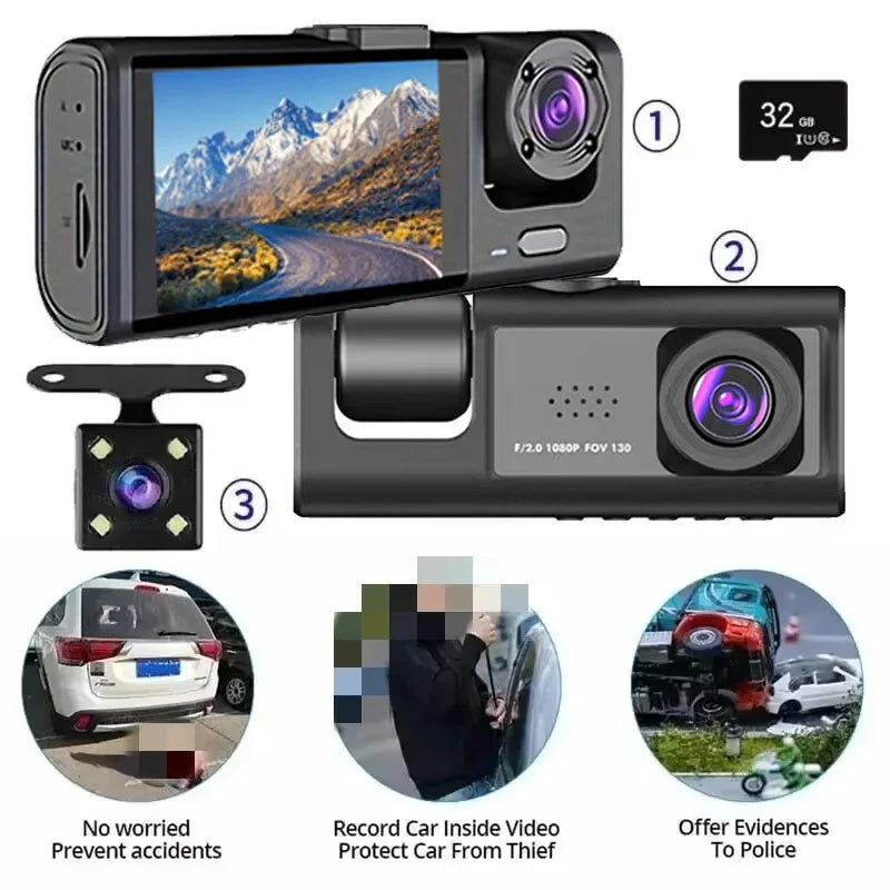 Dashcam 1080p de 3 Cámaras con Visión Nocturna IR