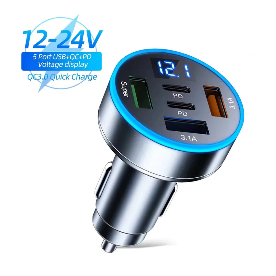 Cargador de Coche de 5 Puertos con USB-C