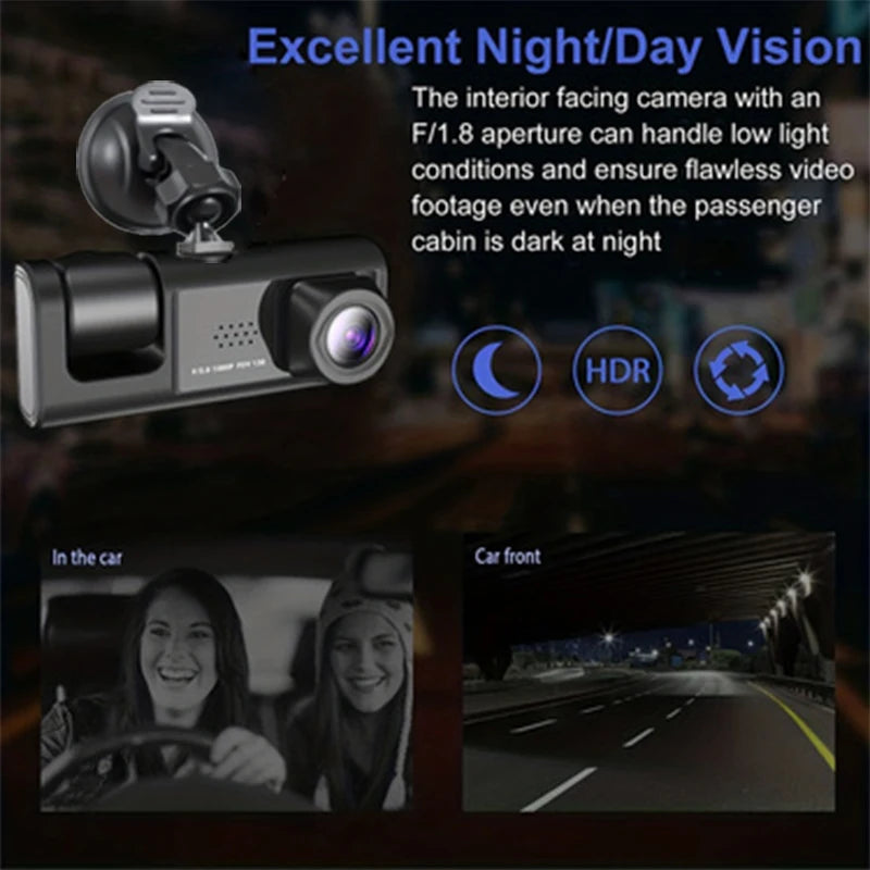 Dashcam 1080p de 3 Cámaras con Visión Nocturna IR