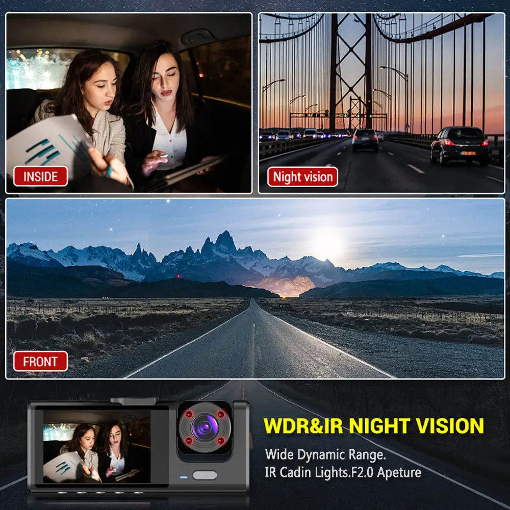 Dashcam 1080p de 3 Cámaras con Visión Nocturna IR