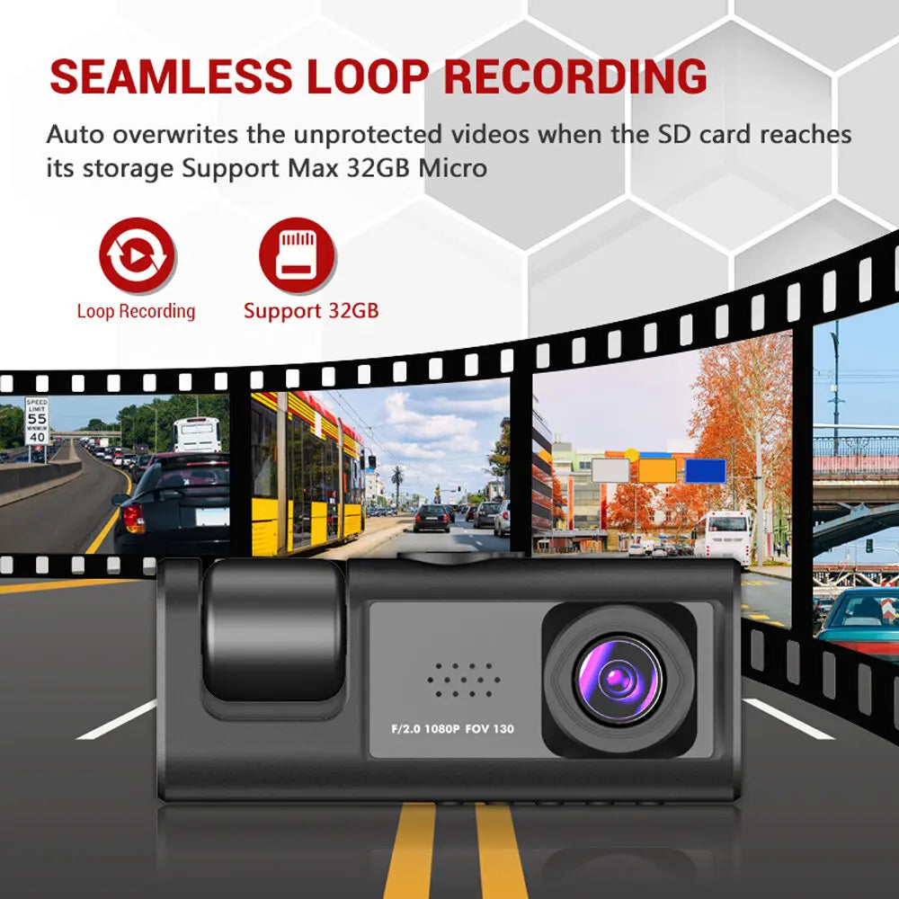 Dashcam 1080p de 3 Cámaras con Visión Nocturna IR