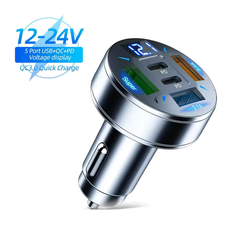 Cargador de Coche de 5 Puertos con USB-C